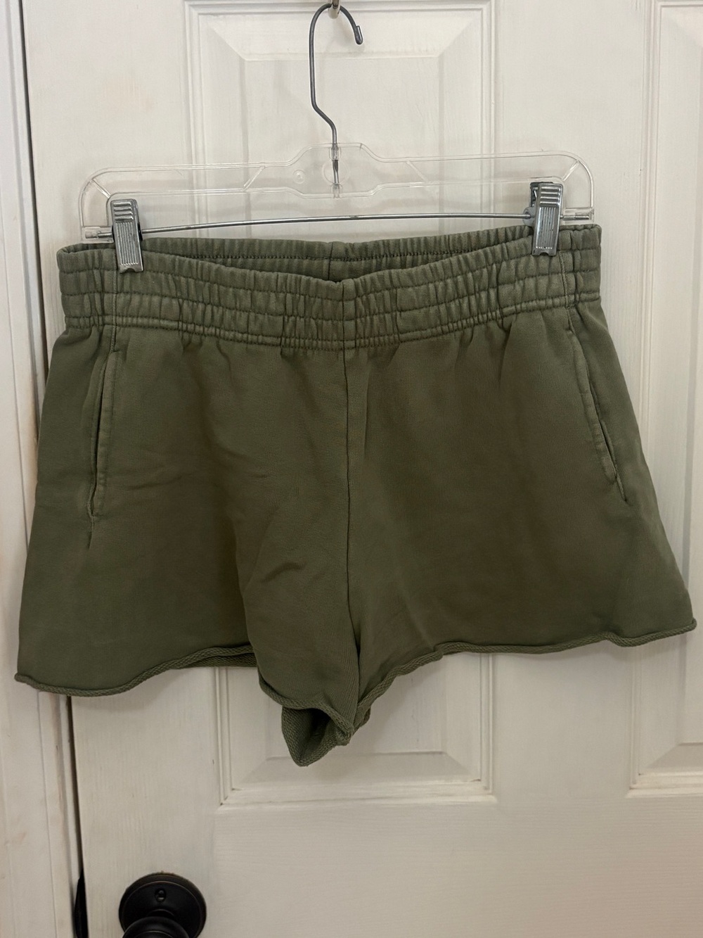 Offline by Aerie Pull-On Raw Hem Sweatshorts in Olive Green